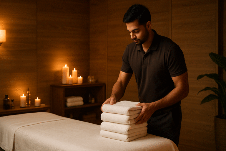 professional male therapist preparing towels in a luxury men’s spa room in New Delhi