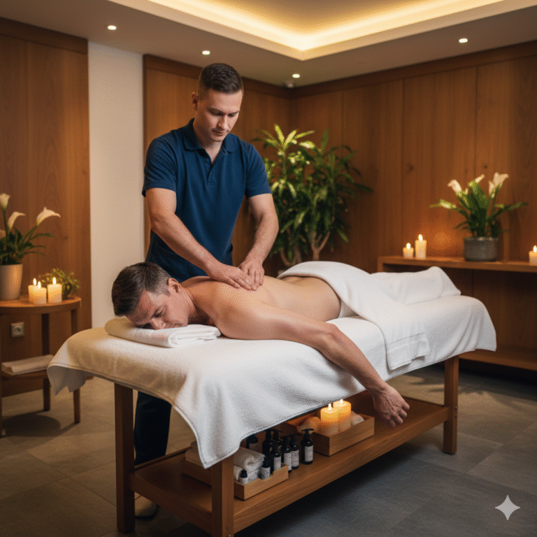 male therapist giving professional massage in a luxury men’s spa