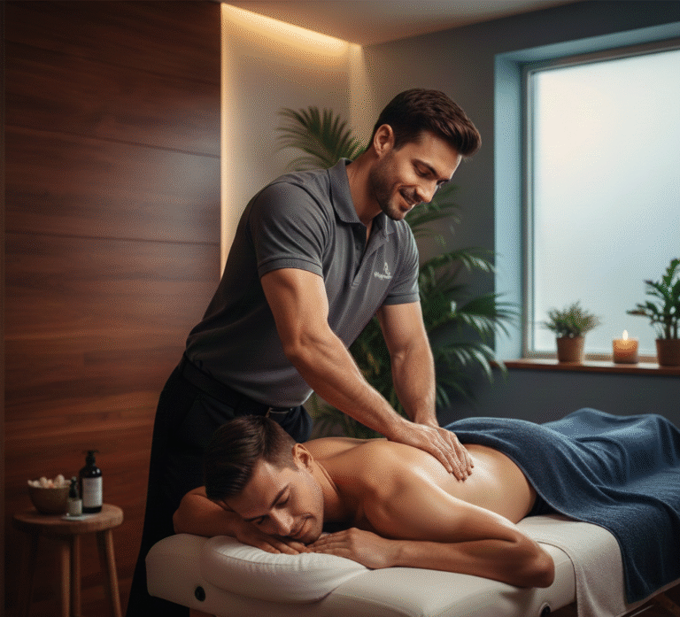 Male therapist performing a relaxing deep tissue massage on another man's back in a modern, well-lit spa room.