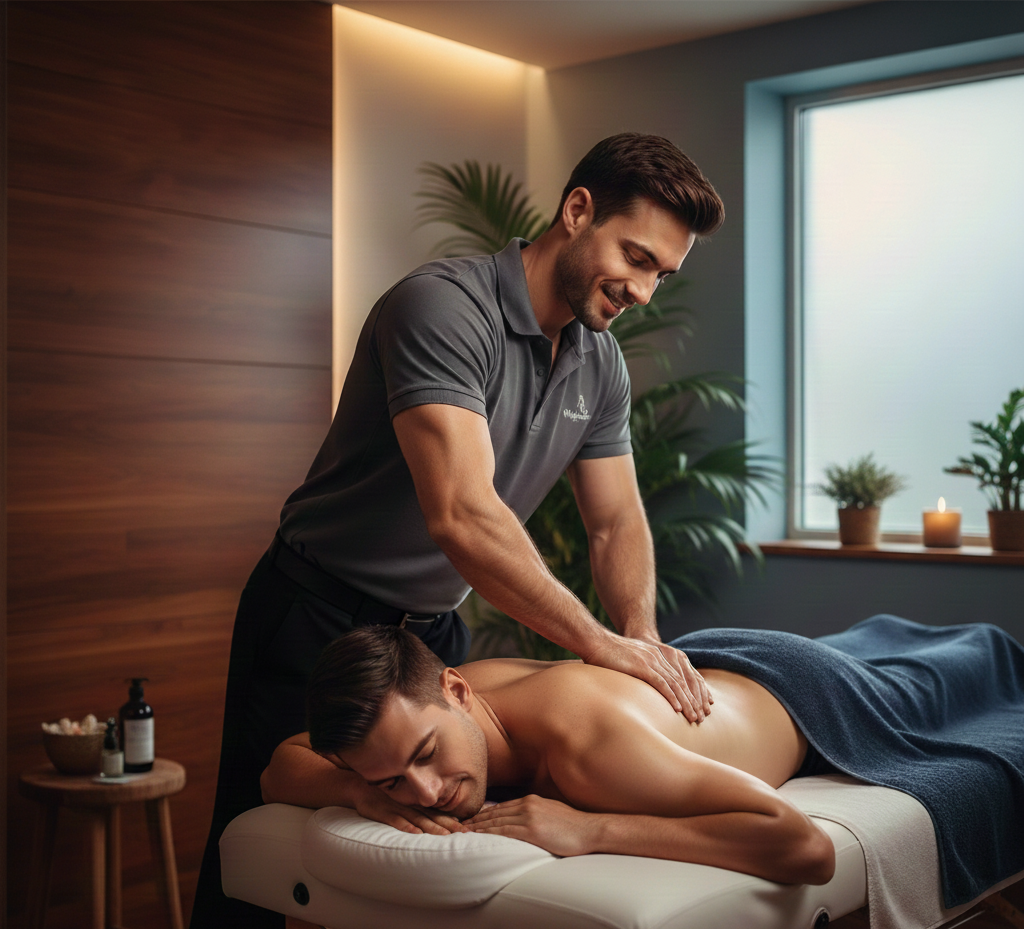 Male therapist performing a relaxing deep tissue massage on another man's back in a modern, well-lit spa room.